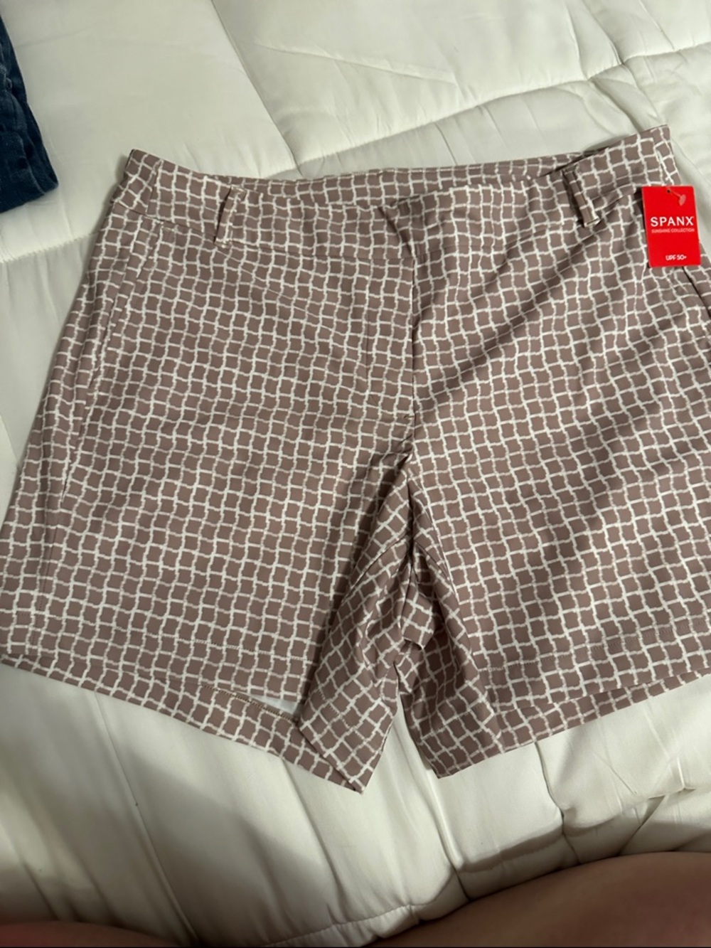 SPANX Taupe and White Grid Ponte Shorts